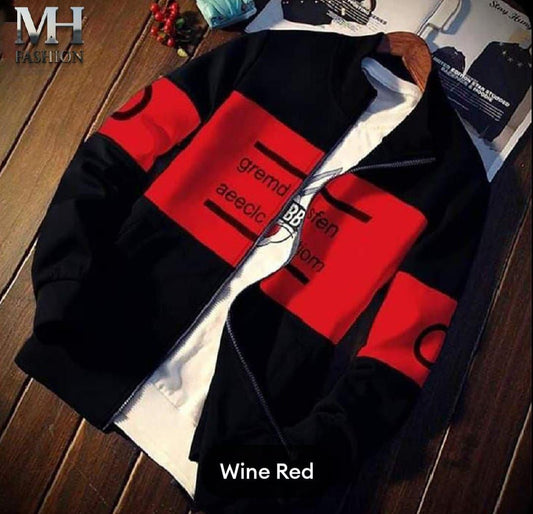 Men's Zipper Fleece Jacket Printed - 1 Pc, Black & Red