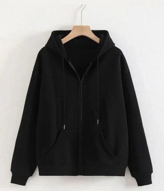 Fleece Plain Zipper Hoodie Plan Black