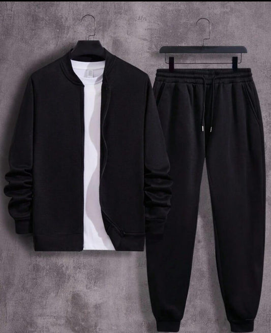 Men's Fleece Zipper Track Suit - 2 Pcs in Black